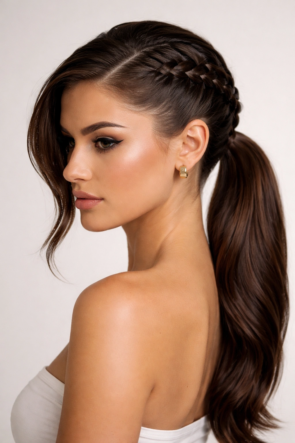 Side-part Dutch braid ponytail on model with low nape