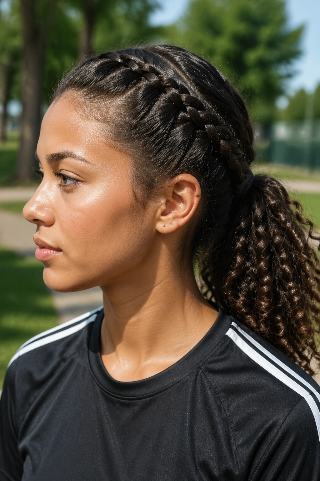 Real person with side part French braid into ponytail during practice
