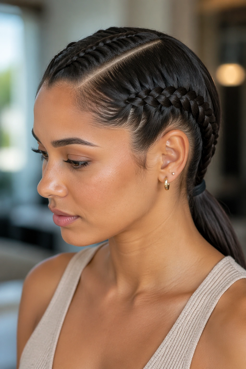 Side-part French braids hugging the head into a low nape ponytail on a real woman