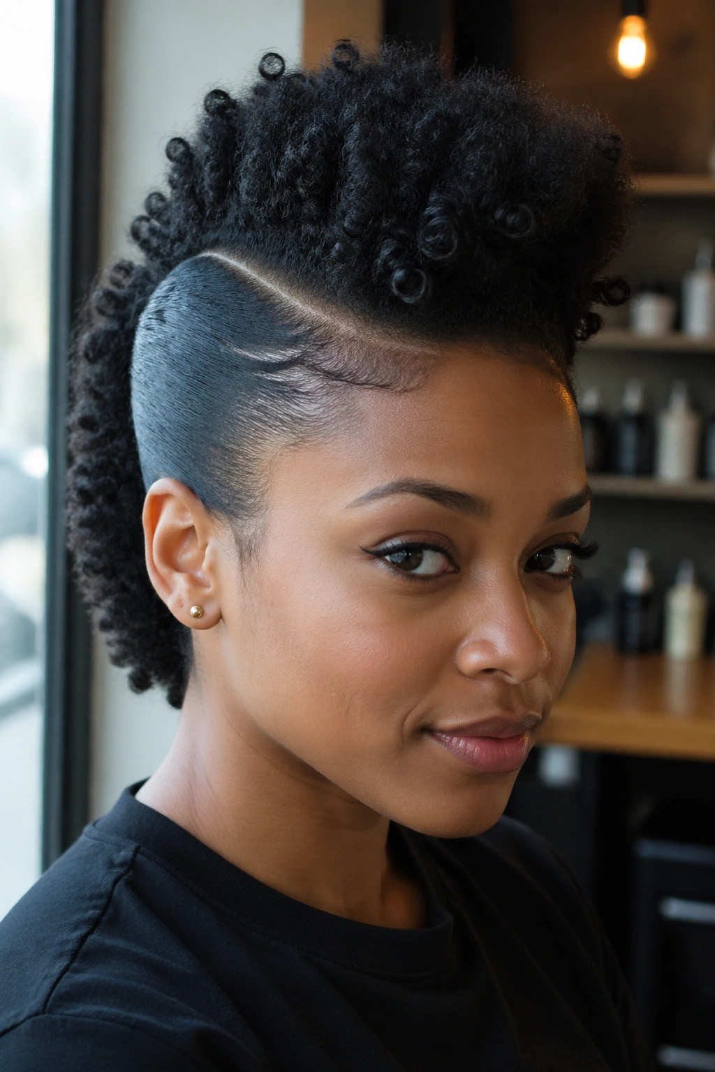 Close-up of a woman wearing a side-part frohawk with a central ridge and slicked sides.