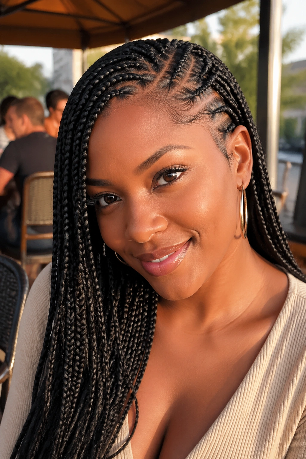 Close-up portrait of a real woman with side-part Fulani box braids softening her facial features.