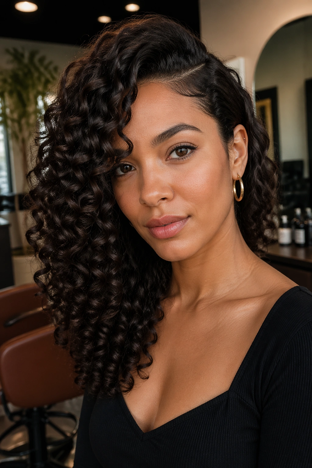 Real woman with side-part glam curls, tucked behind ear.