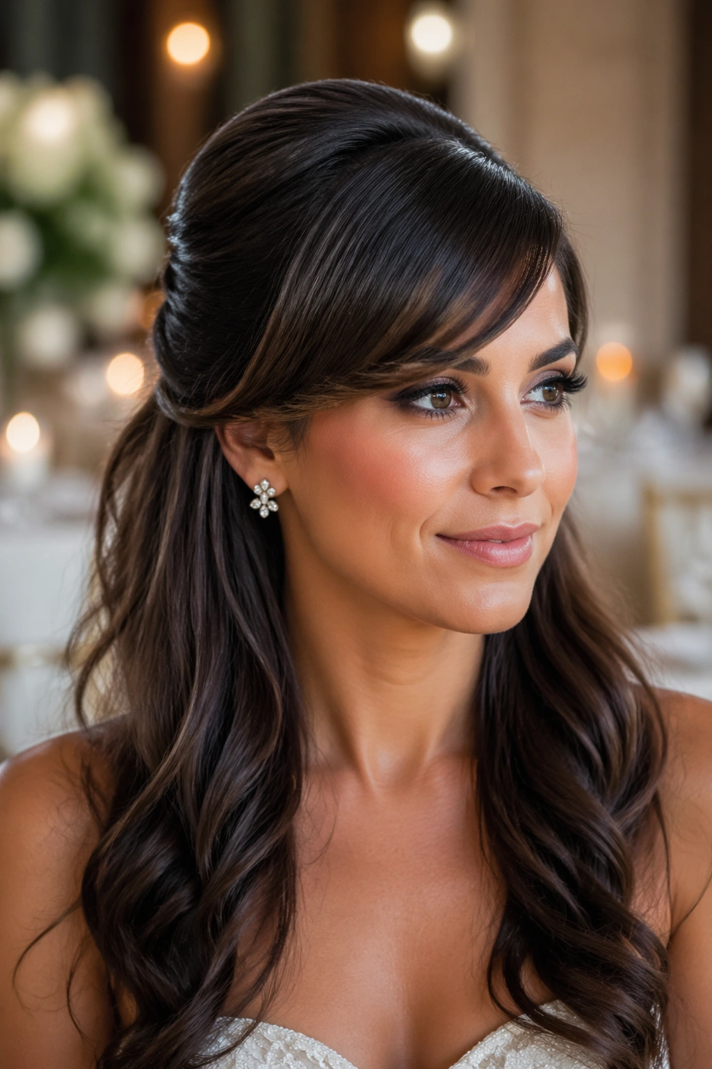 Close-up of a real bride with a side-part glam half-up and sculpted bangs
