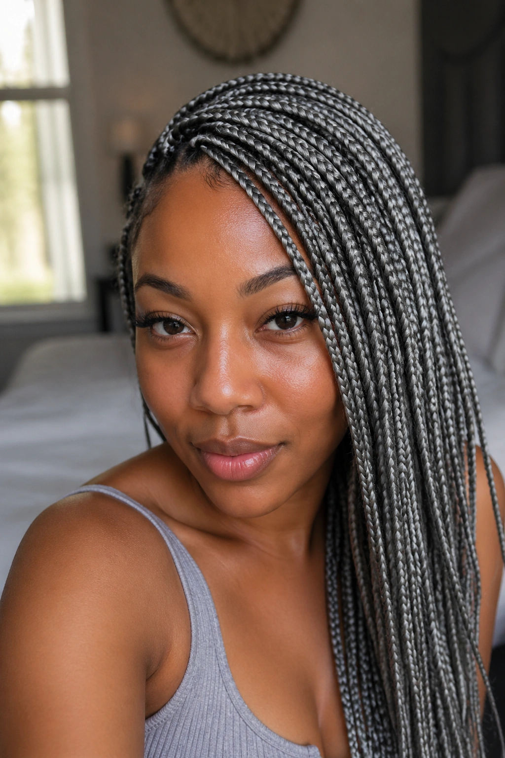 Close-up portrait of a woman with a deep side-part and ash-grey box braids.
