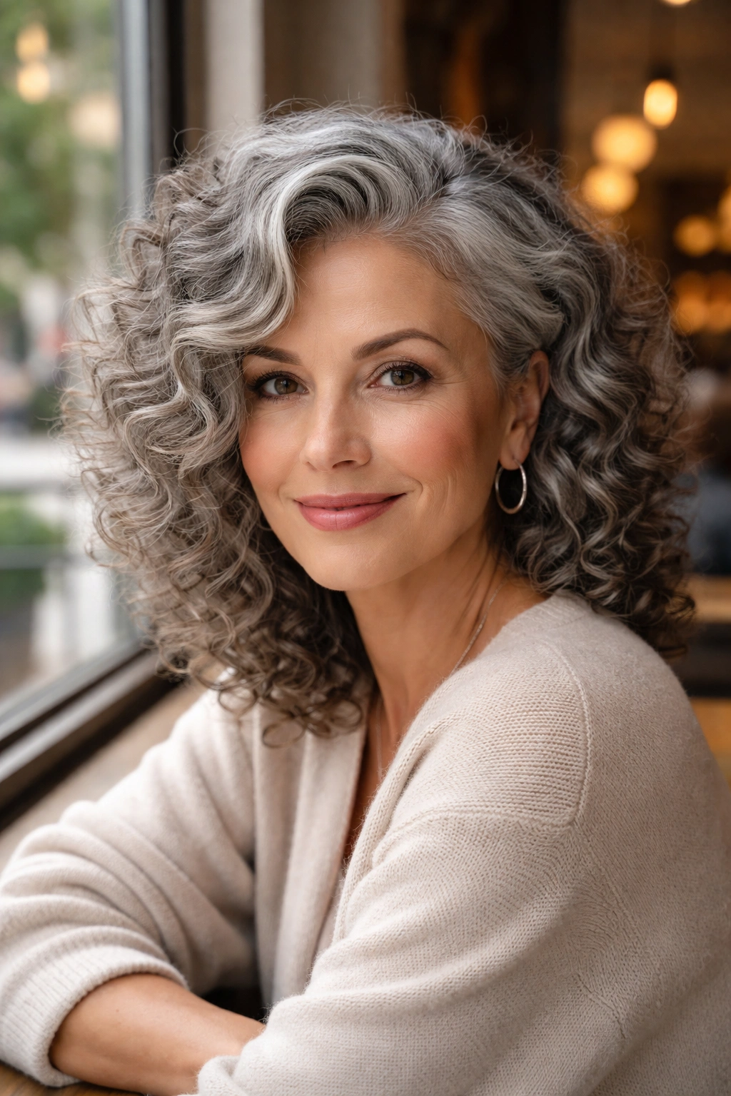 Close-up of a real woman with deep side-parted grey curls under natural daylight
