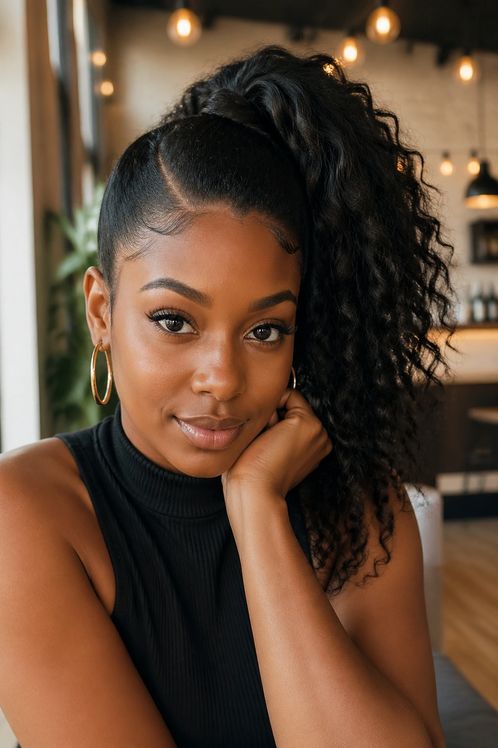 Close-up portrait of a real woman with a side-part high ponytail in an urban setting