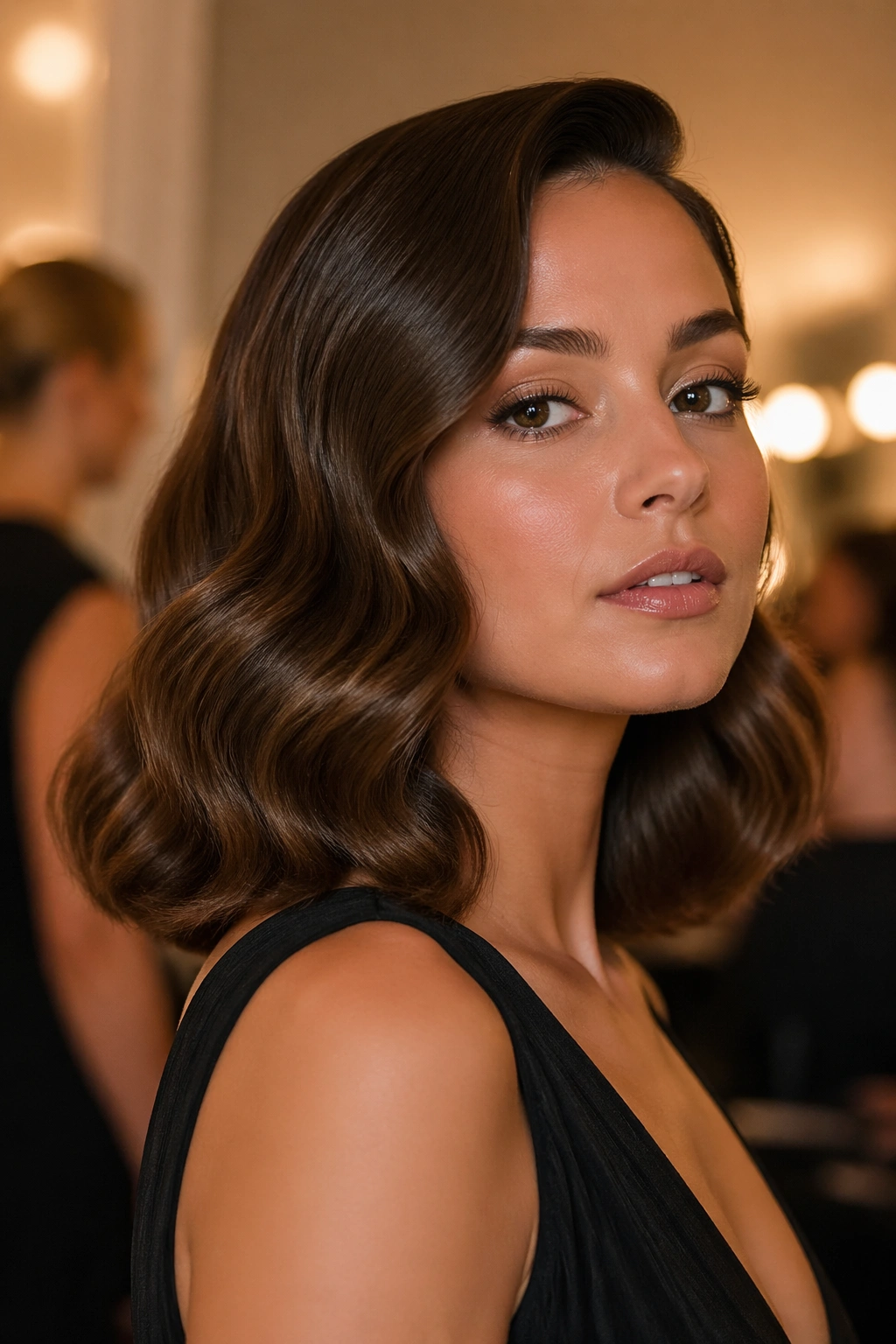 Close-up of a real woman with side-part Hollywood wave lob hairstyle