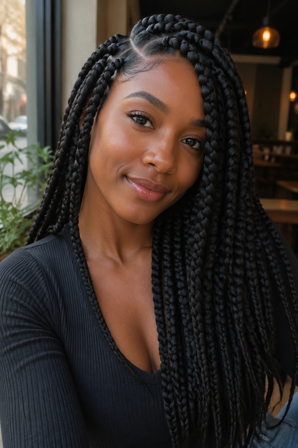 Close-up portrait of real person with side-part jumbo box braids.