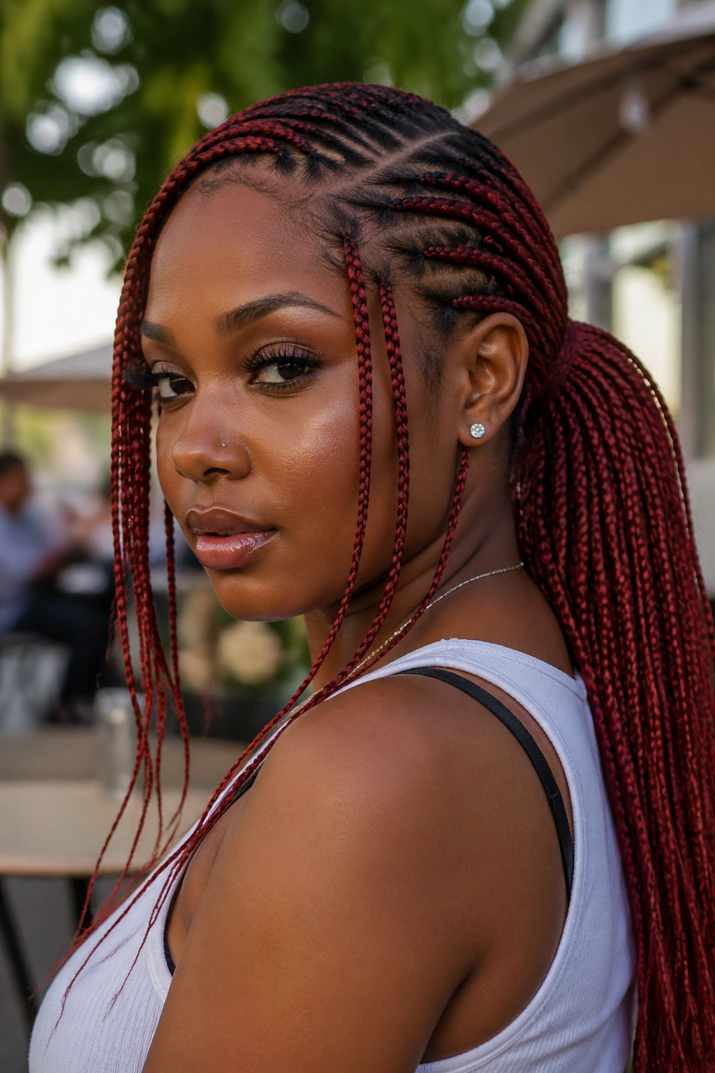 Knotless red side-part ponytail with face-framing braids on real person