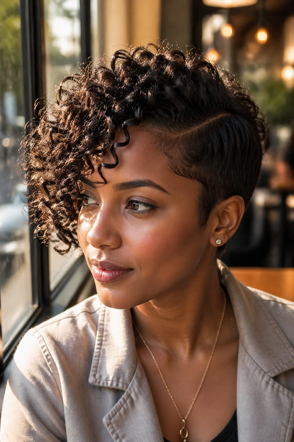 Close-up of a real person with a dramatic side-part on a short layered cut