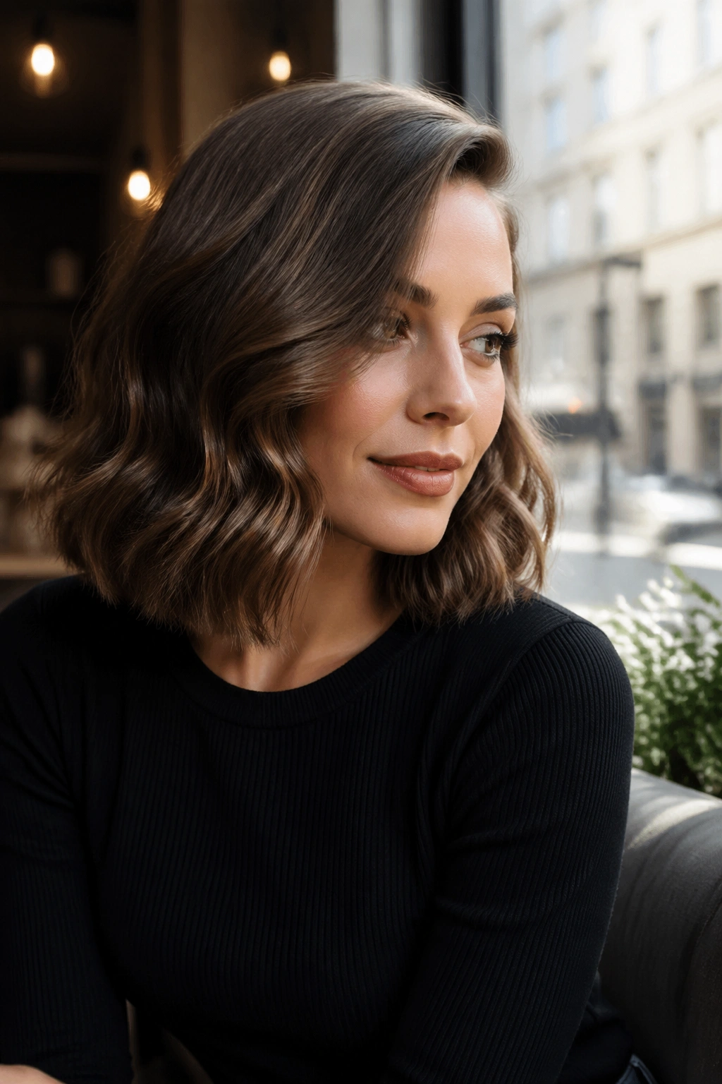 Close-up of a woman with a side-part lob and loose waves in chic setting.
