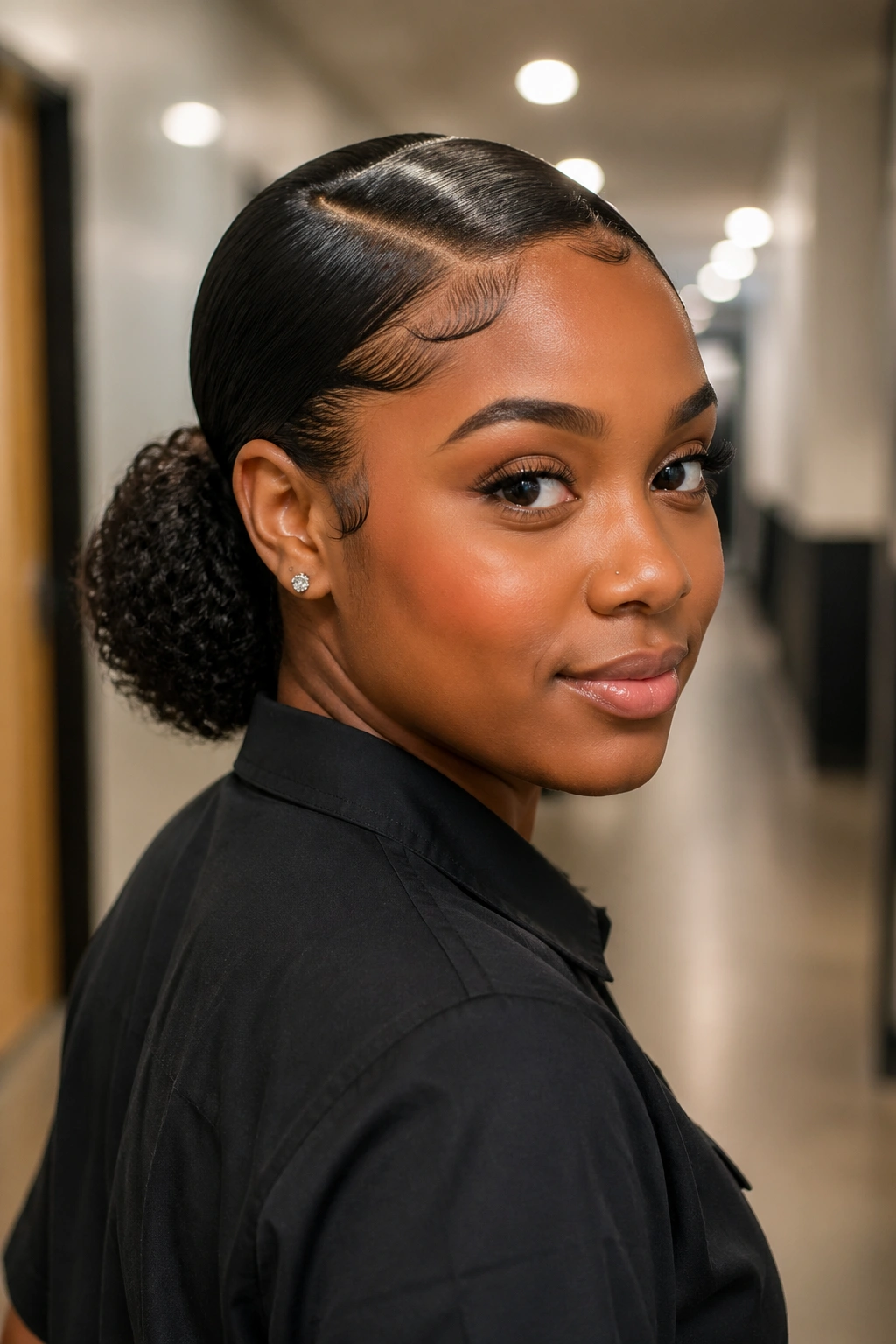 Close-up of a real person with a side-part low puff and gelled edges in a hallway setting