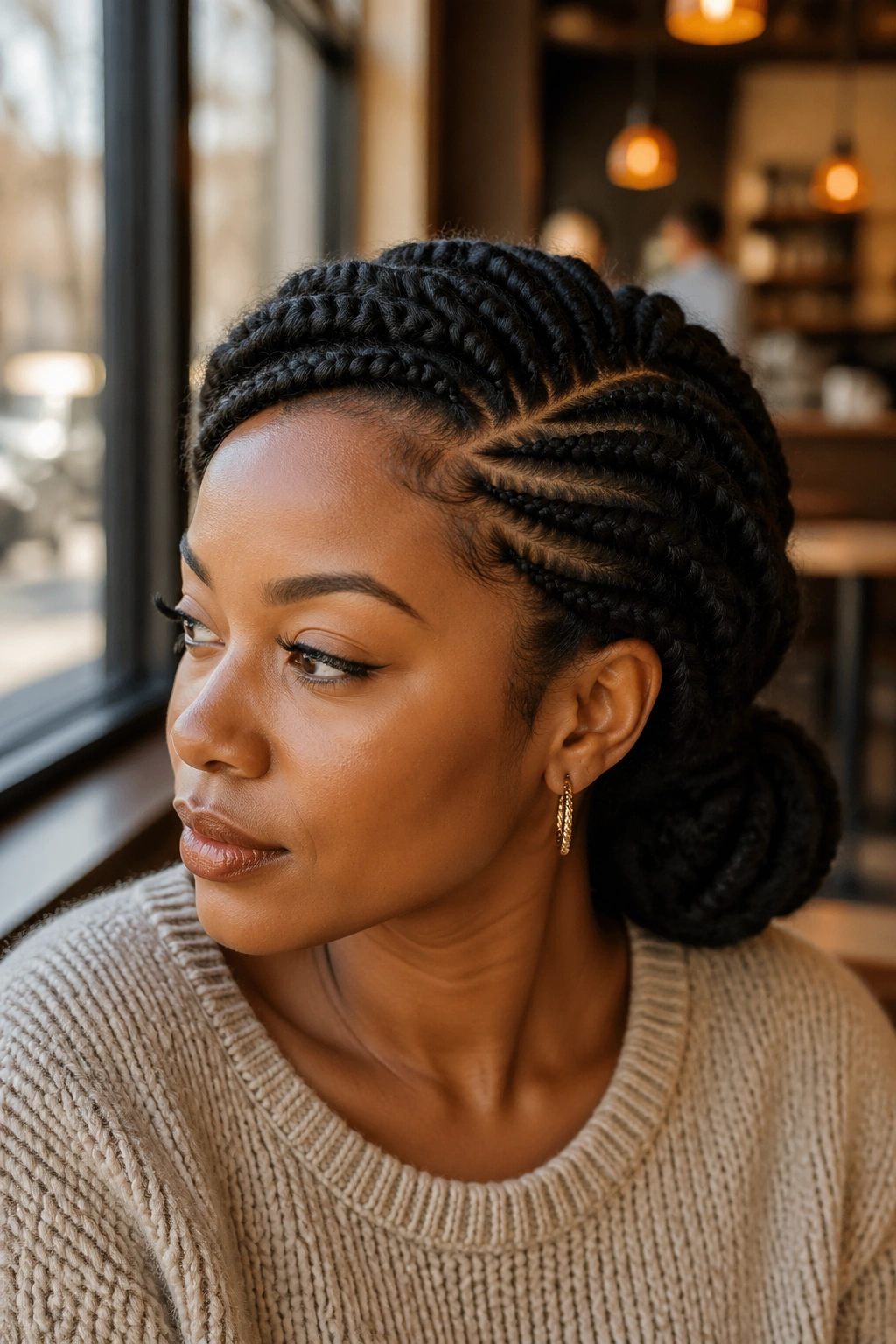 Real woman with deep side part and pulled-back bangs in Marley cornrows