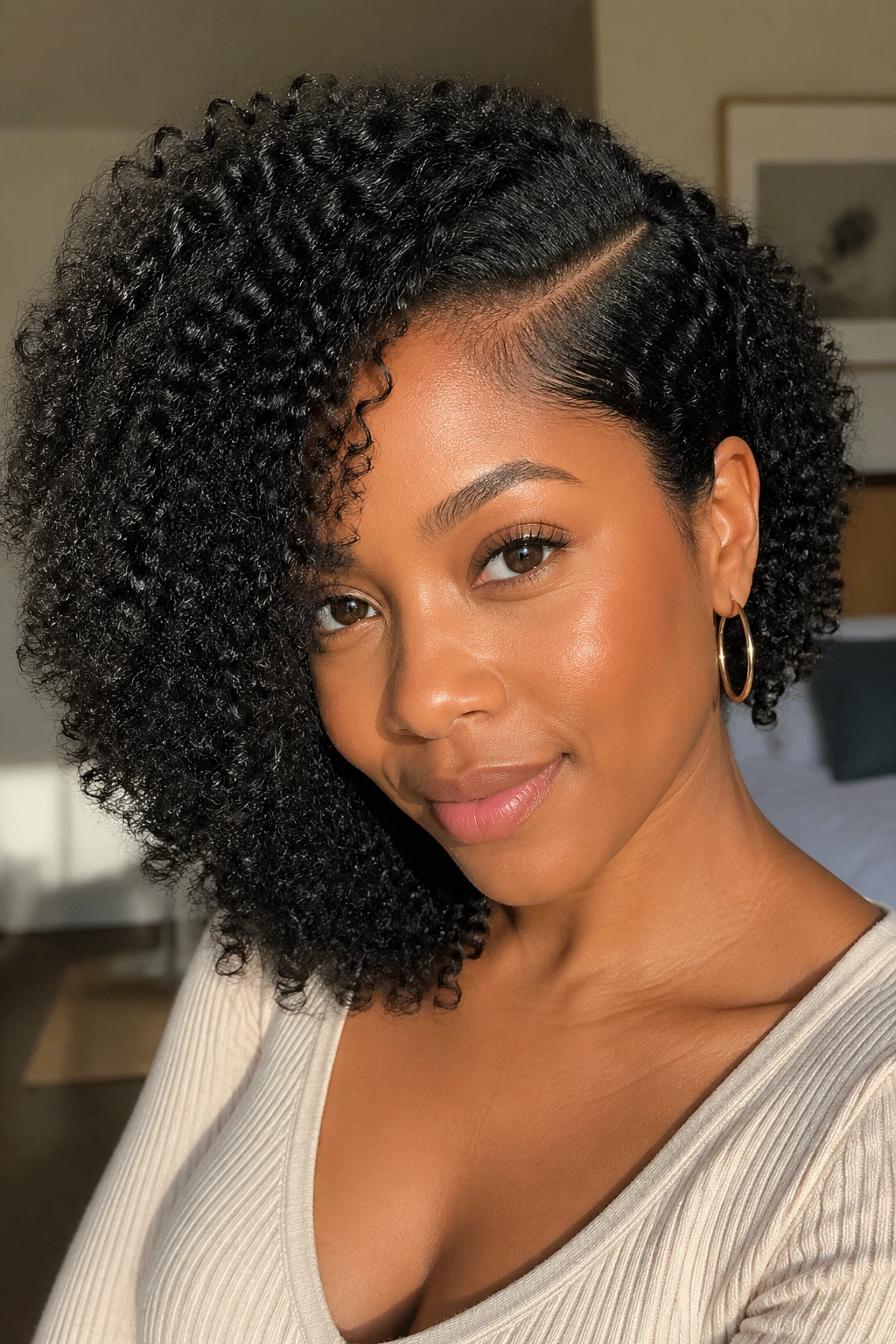 Close-up of a real woman with a natural curly side-part hairstyle