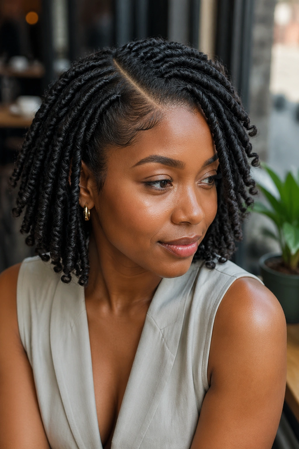 Close-up of Side-Part Perm Twist Layout on a real person with asymmetric twists along part line