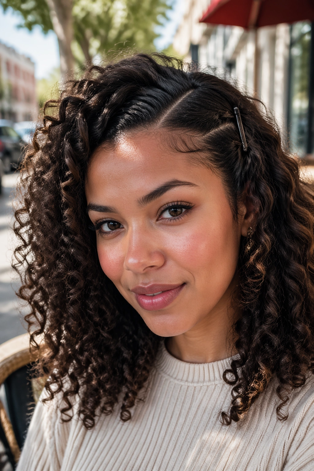 Close-up of a real woman with a side part and pinned-back front pieces in natural outdoor cafe lighting.