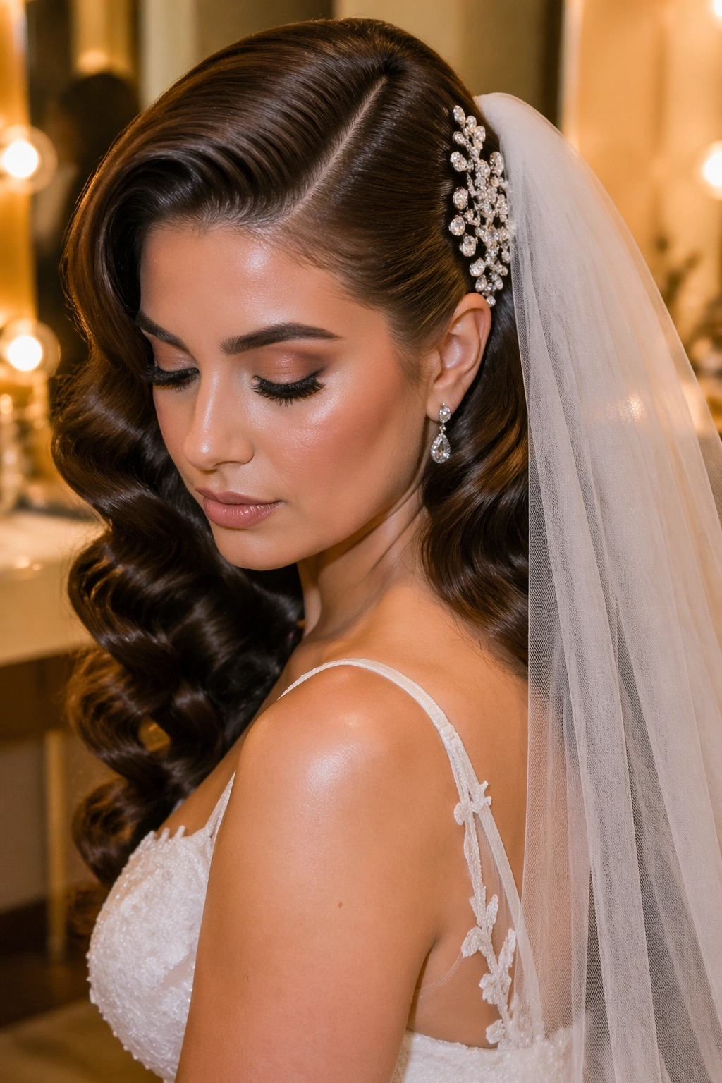 Bride with Hollywood side part, crystal pins, and tulle veil