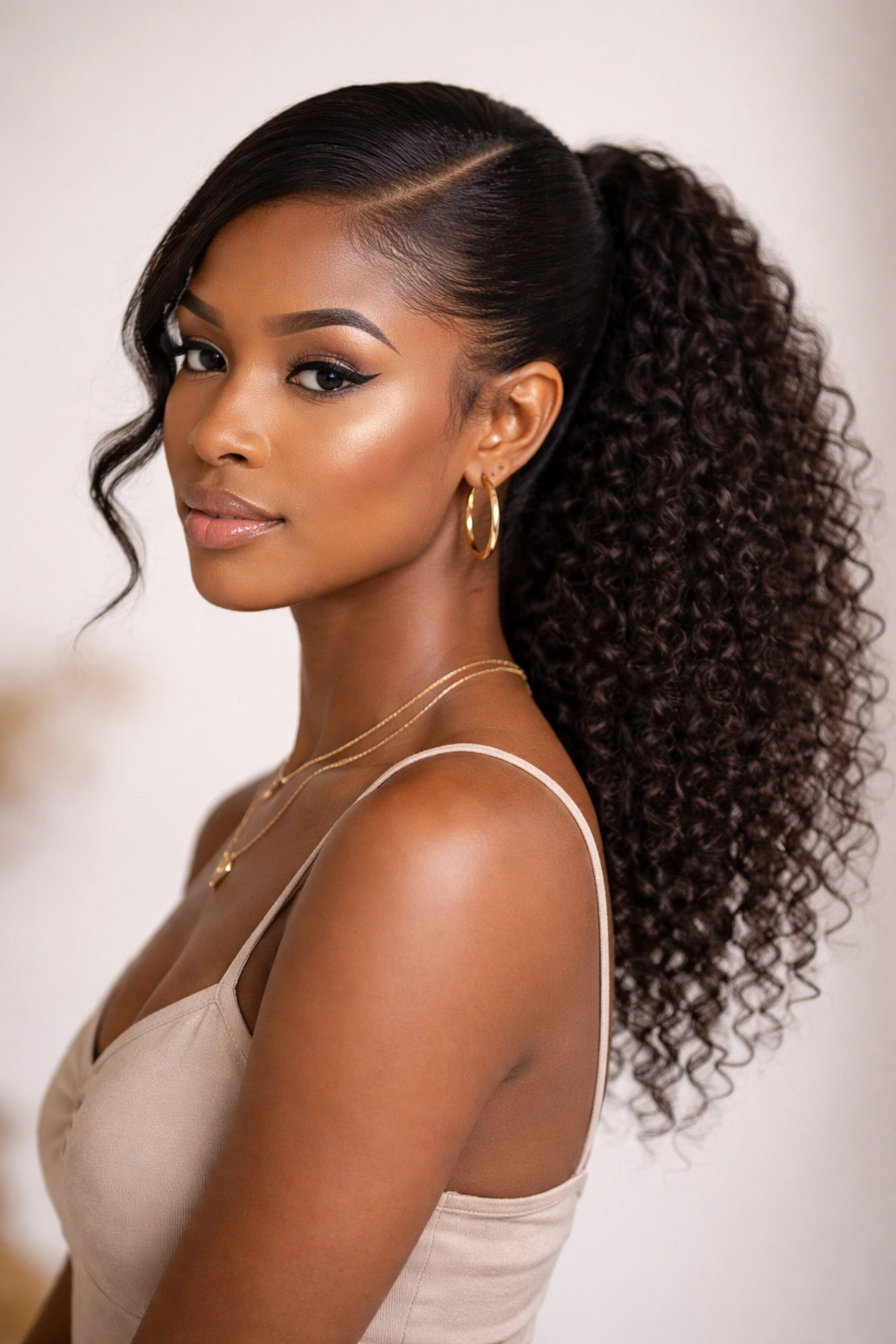 Side-parted ponytail with kinky curly texture and crisp part line.