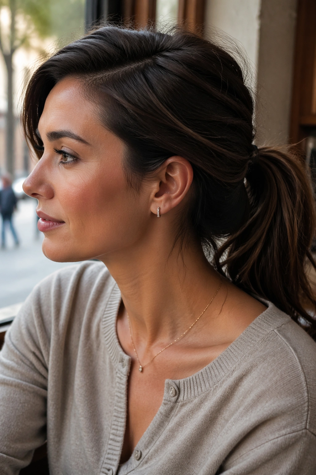 Close-up of a real woman's mid ponytail with a deep side part
