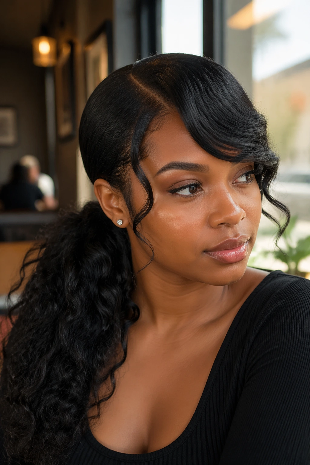 Portrait of a real Black woman with a side-part ponytail and soft side bang in natural daylight