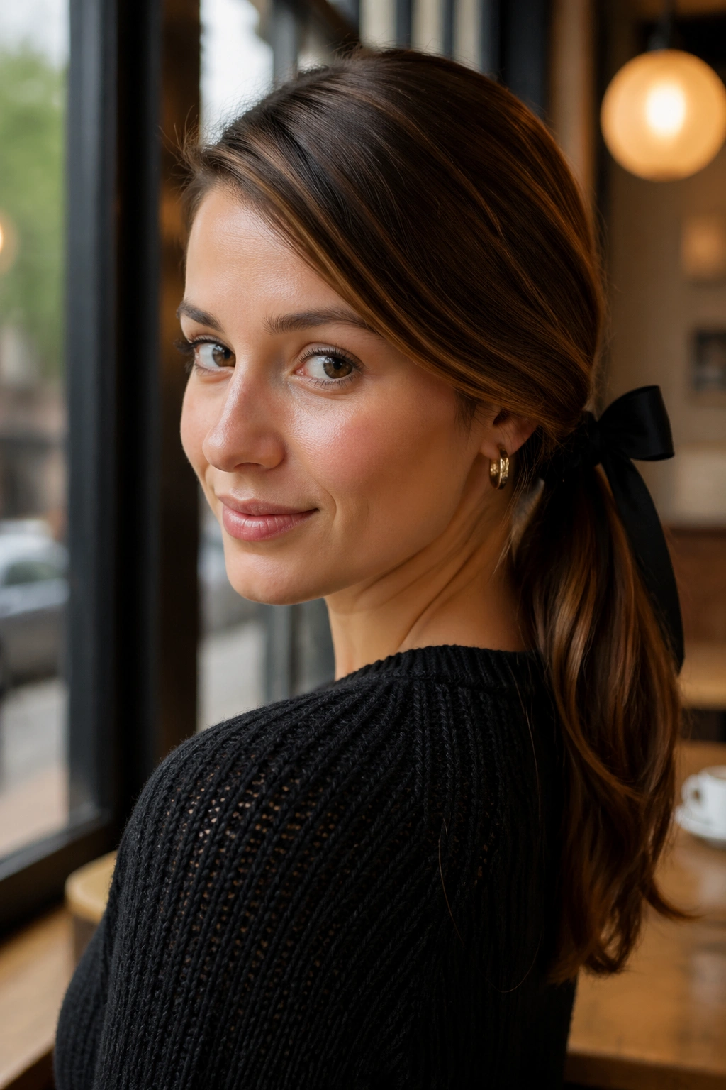 Real woman with side-parted hair and off-center bow at the nape of a low ponytail