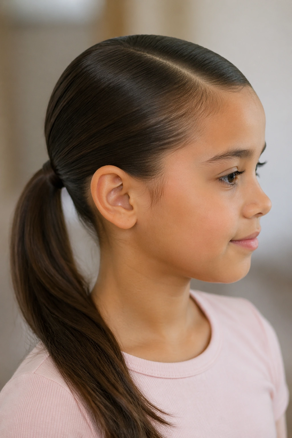 Profile of a child with a side-part sleek ponytail and tucked ear