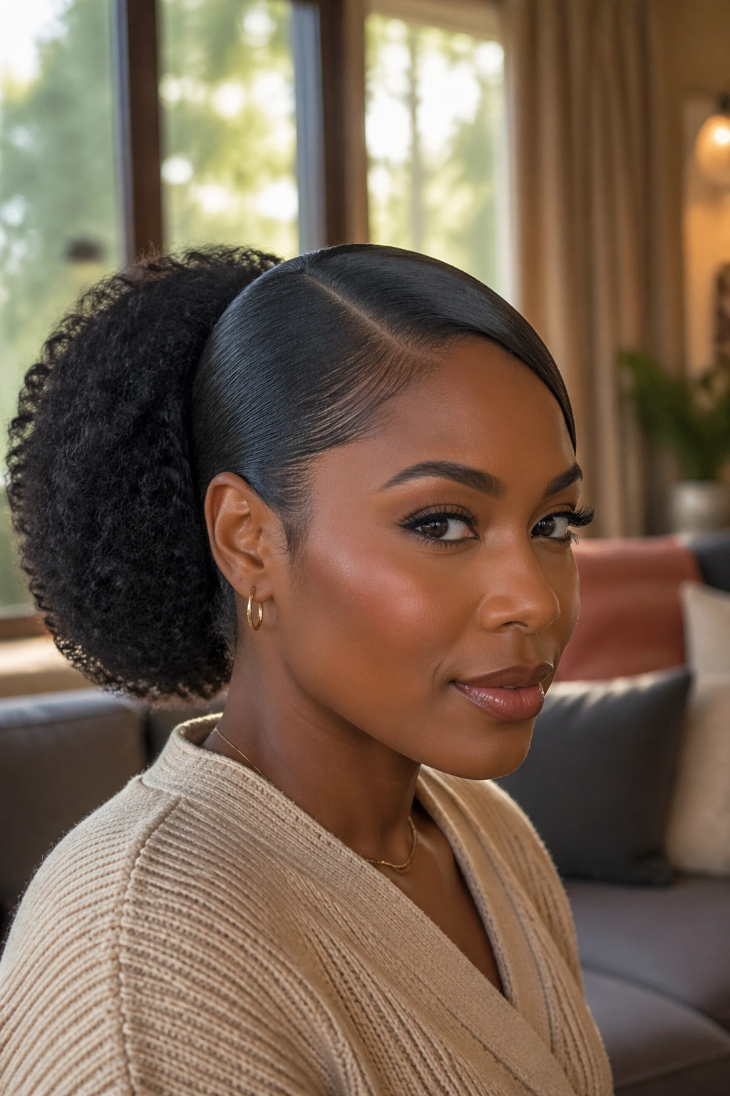 Close-up of a real Black woman with side-part ponytail featuring a sleek crown and full puff.