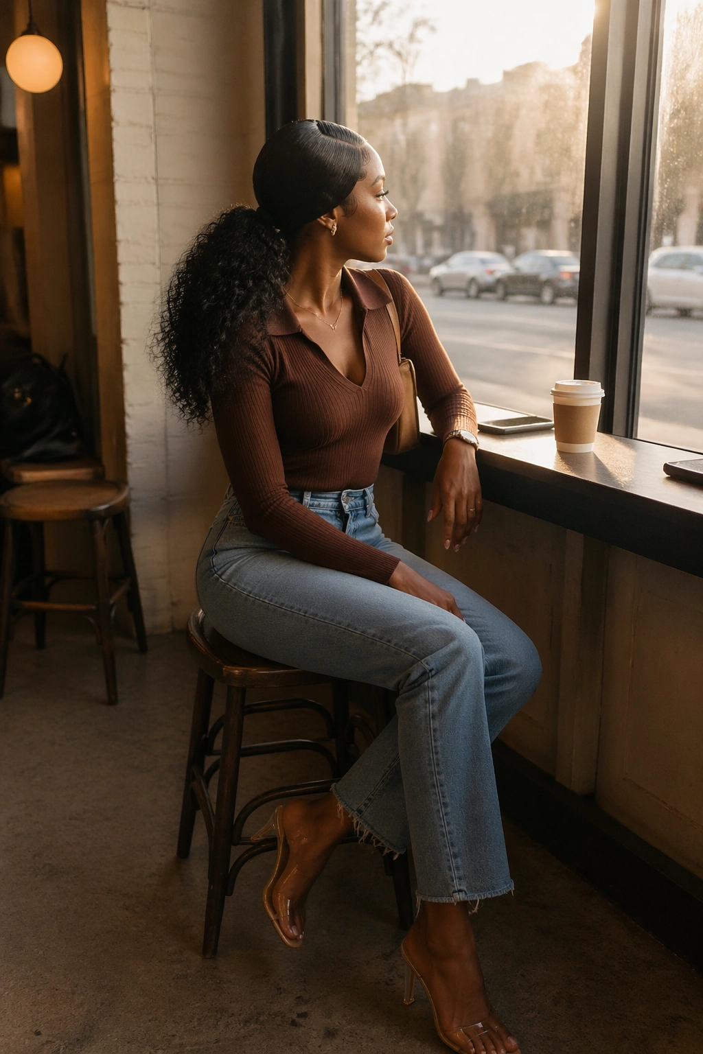 Deep side part mid ponytail with curly tail at cafe window light