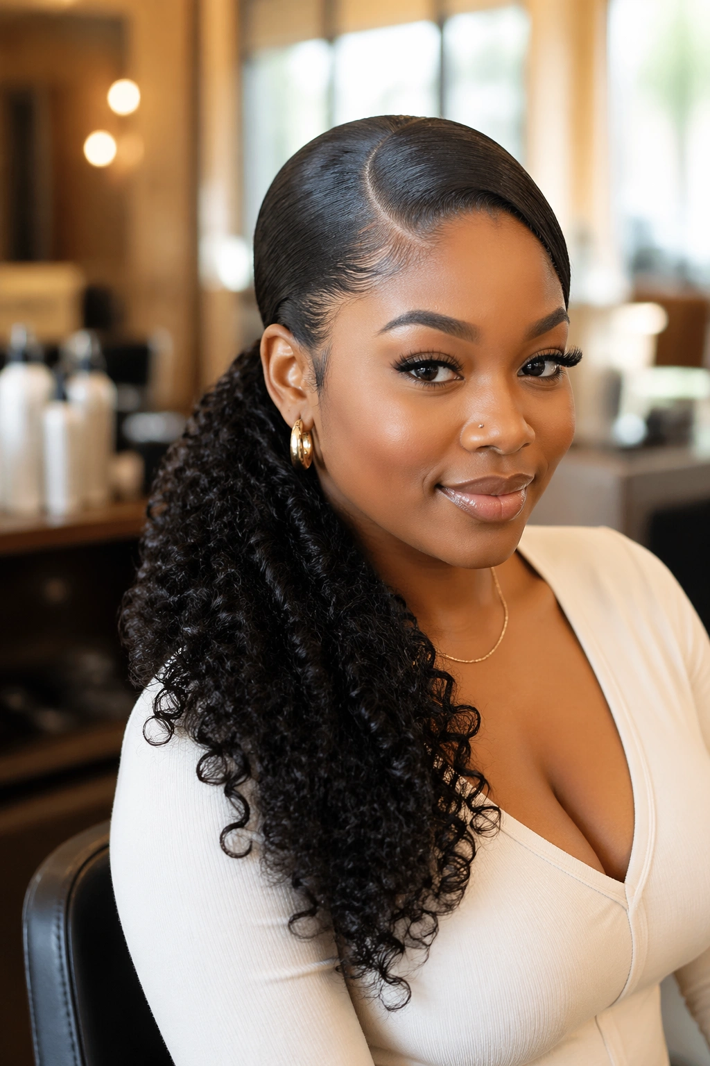 Close-up of a real Black woman with a side-part ponytail featuring curly ends in a warm salon setting