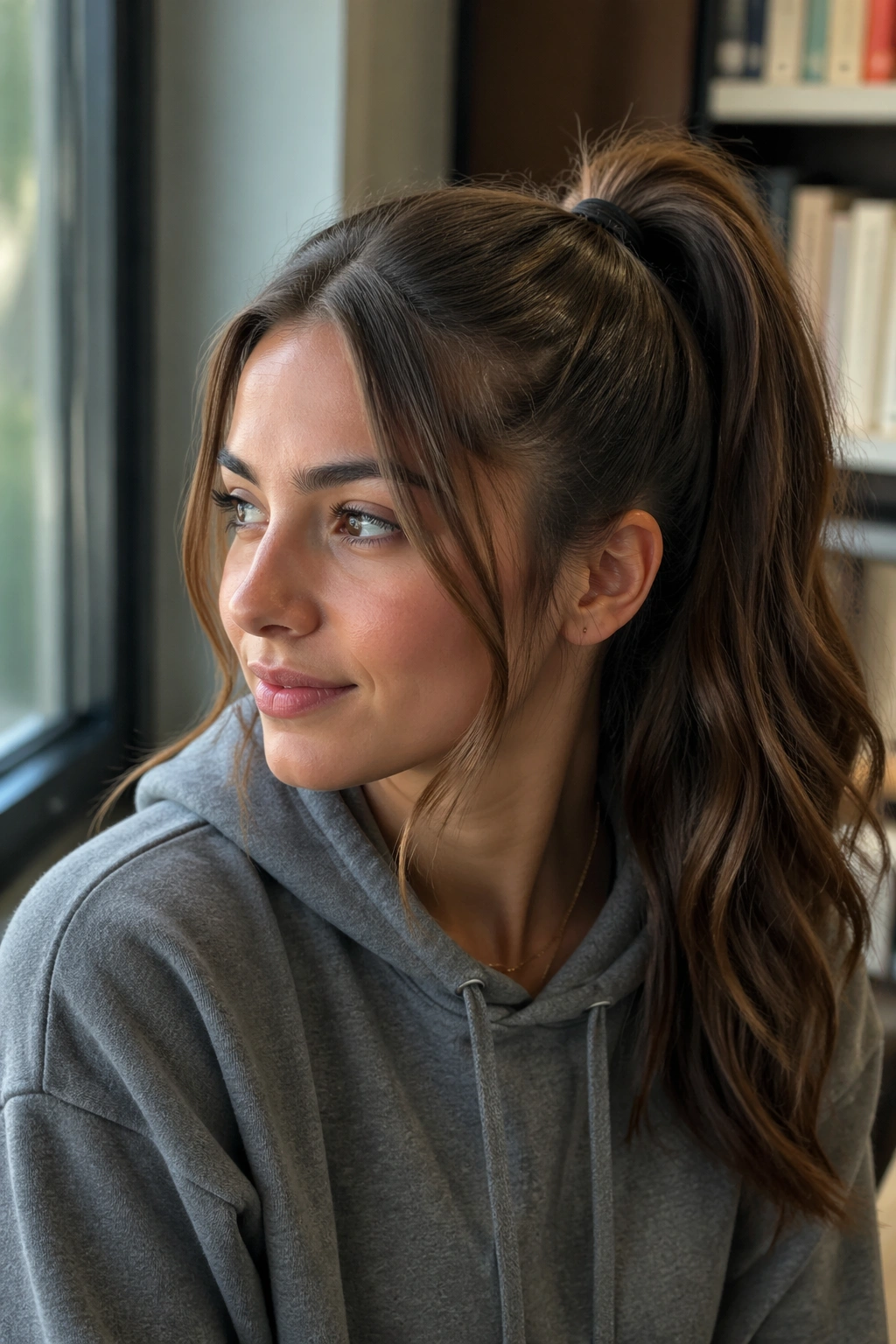 Close-up of Side-Part High Ponytail with Face-Framing Pieces on a real student in a classroom