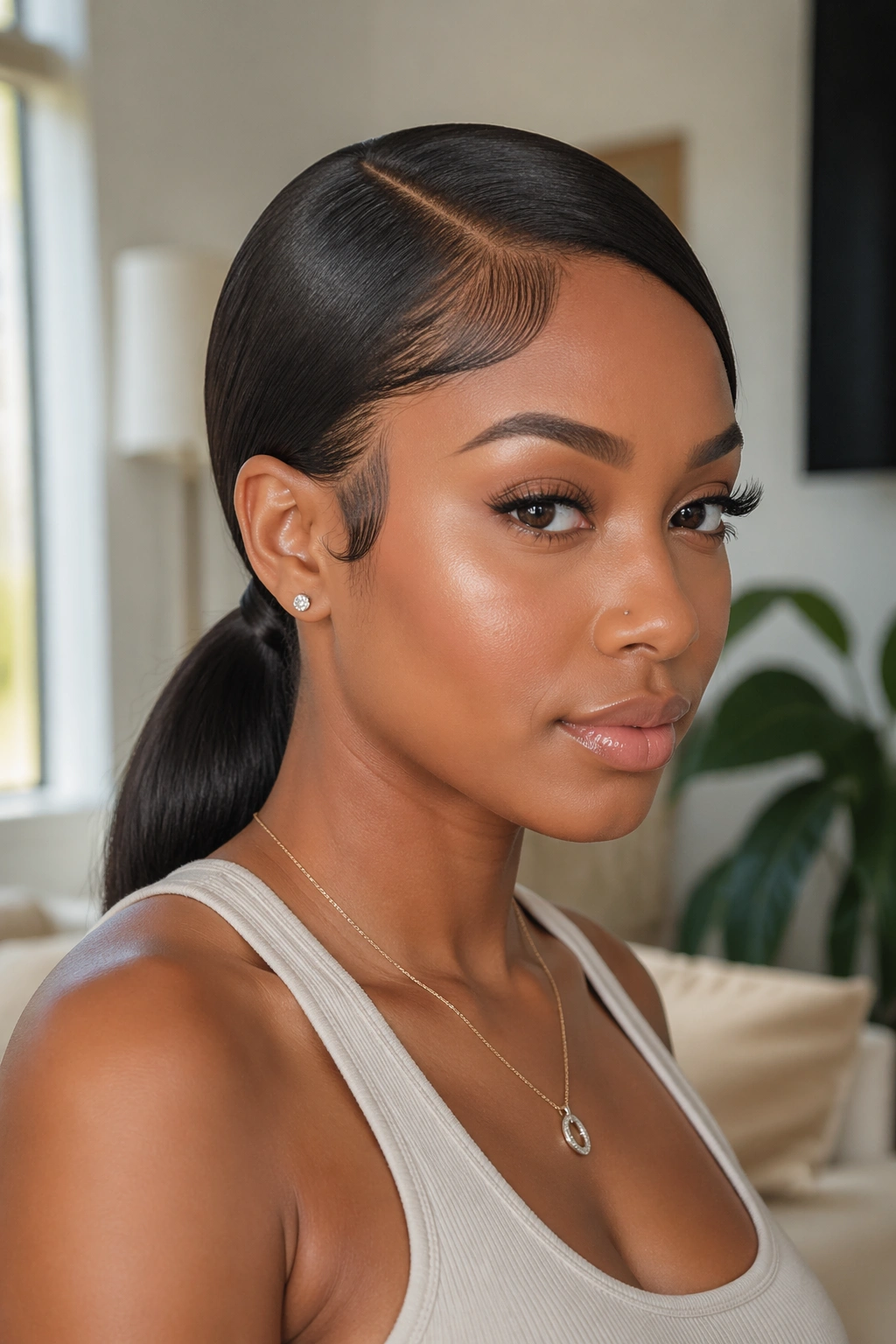 Close-up of a Black woman with a sleek low side-part ponytail and laid edges indoors, natural light.