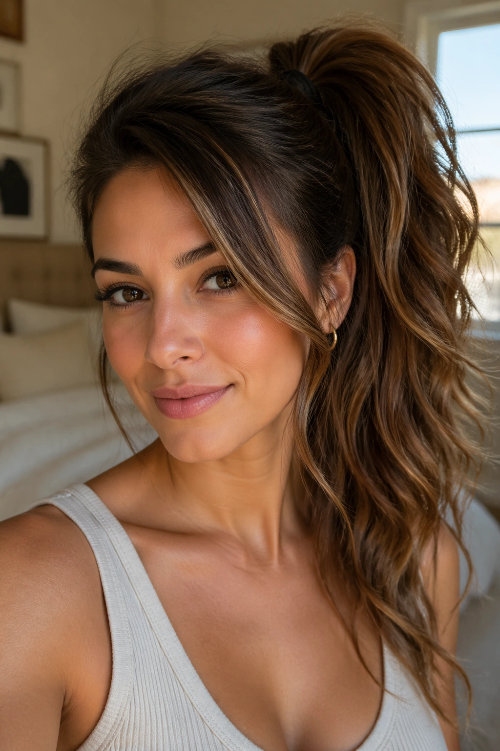 Side-part high ponytail close-up portrait of a real woman in warm bedroom light