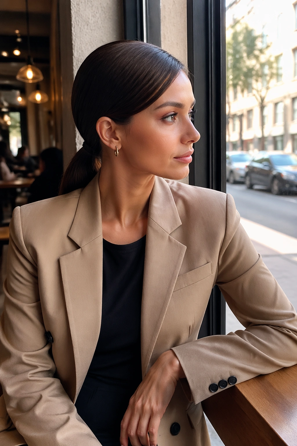Deep side-part low ponytail at cafe window with tailored outfit.