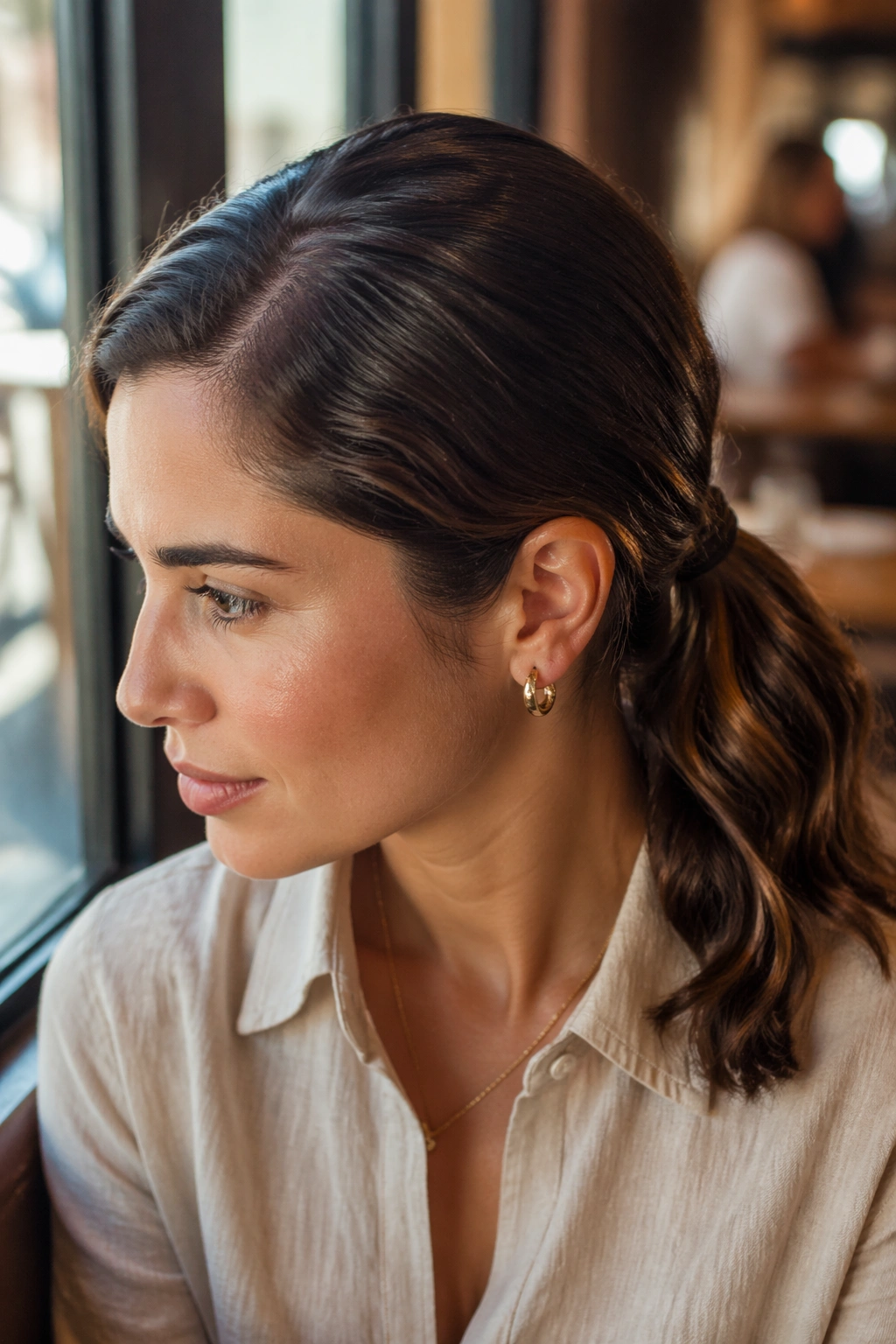 Portrait of a real woman with a sleek side-part ponytail behind the ear.
