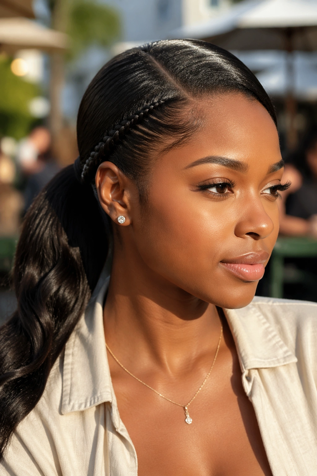 Close-up of a real woman with a side-part ponytail featuring a temple braid.