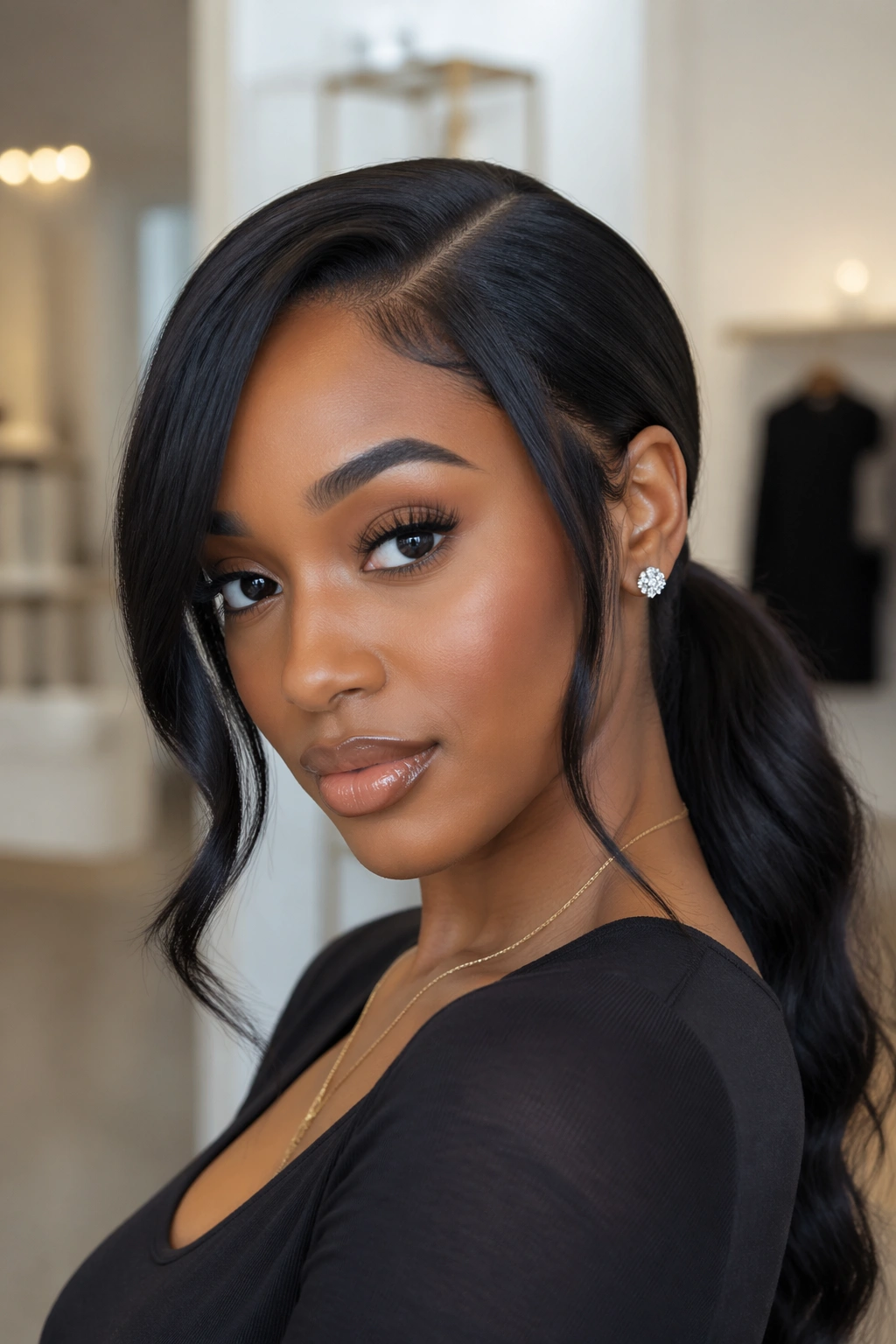 Close-up of a real woman with a side-part ponytail tucked behind the ear and face-framing strands.