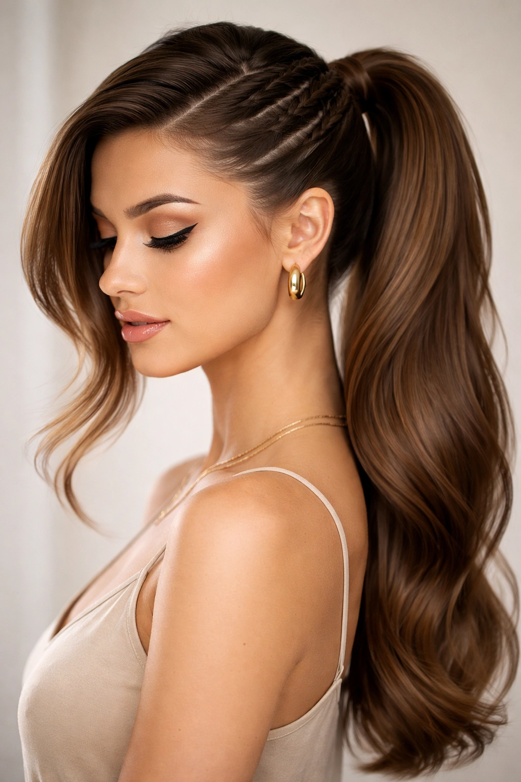 Side-part double weave ponytail with lifted roots and woven front sections