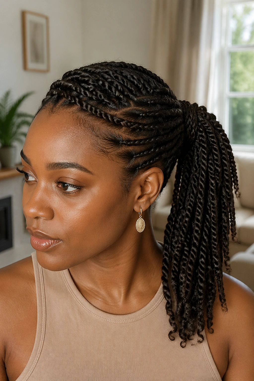 Real woman with side-part twist braided ponytail wrapped base in a softly lit living room