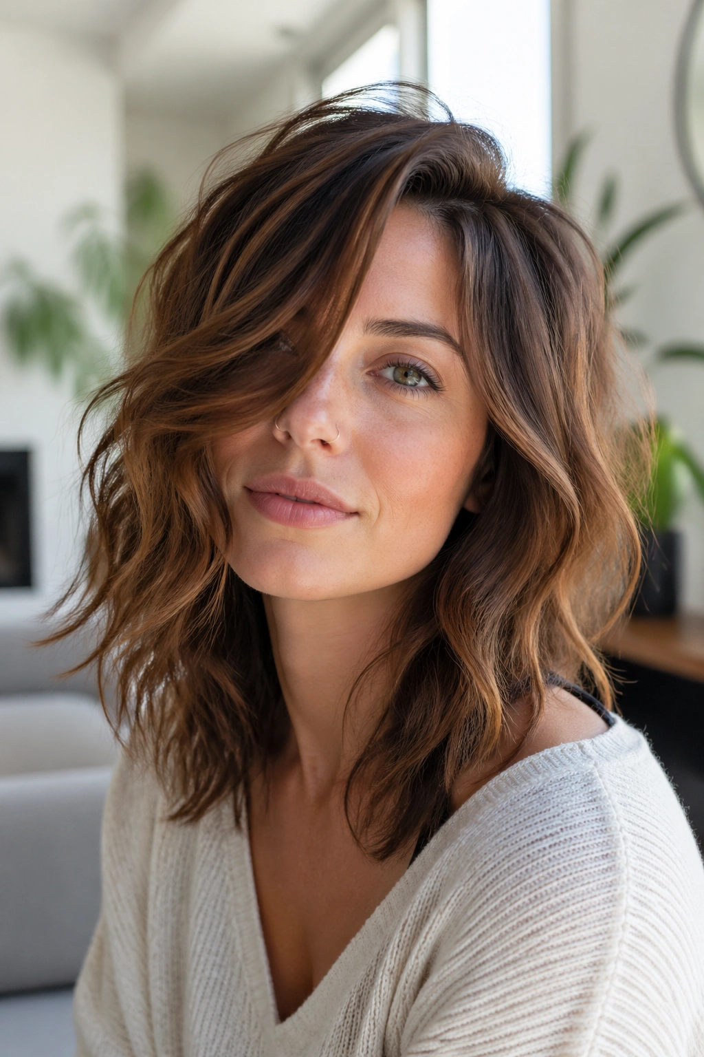 Close-up of a real woman with a side-part shag and soft waves in bright living room.