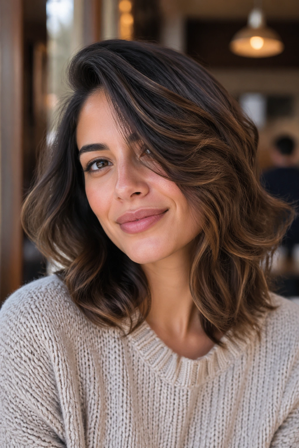 Real woman with side-part shoulder-skimming butterfly cut