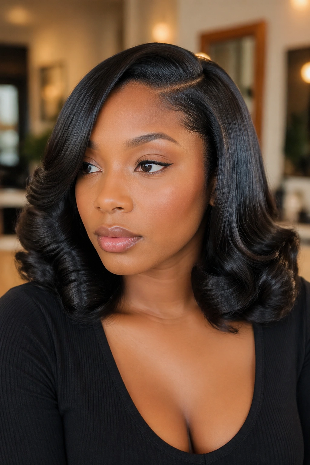 Close-up of a real woman with a sleek silk press and barrel curls