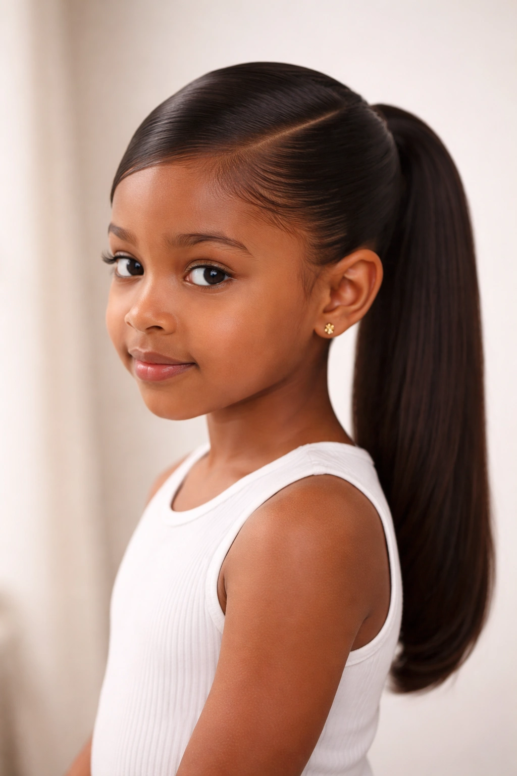 Close-up of a child with a side-parted sleek pony
