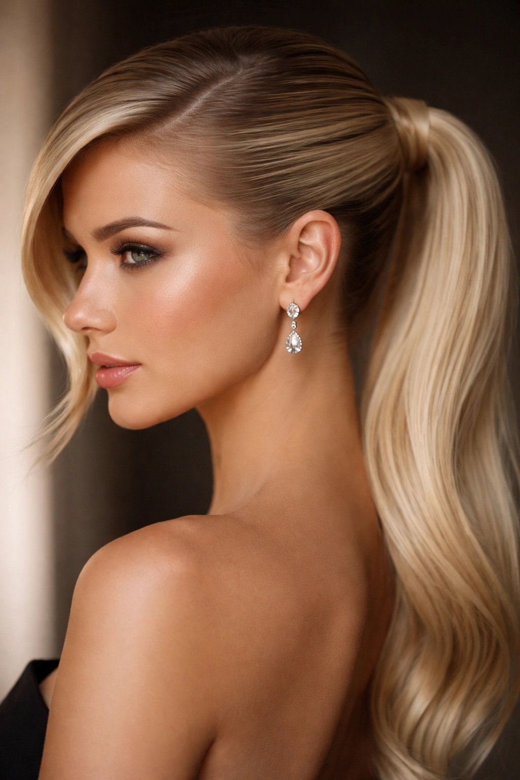 Close-up of a blonde side-parted sleek ponytail with dramatic forehead sweep in studio lighting