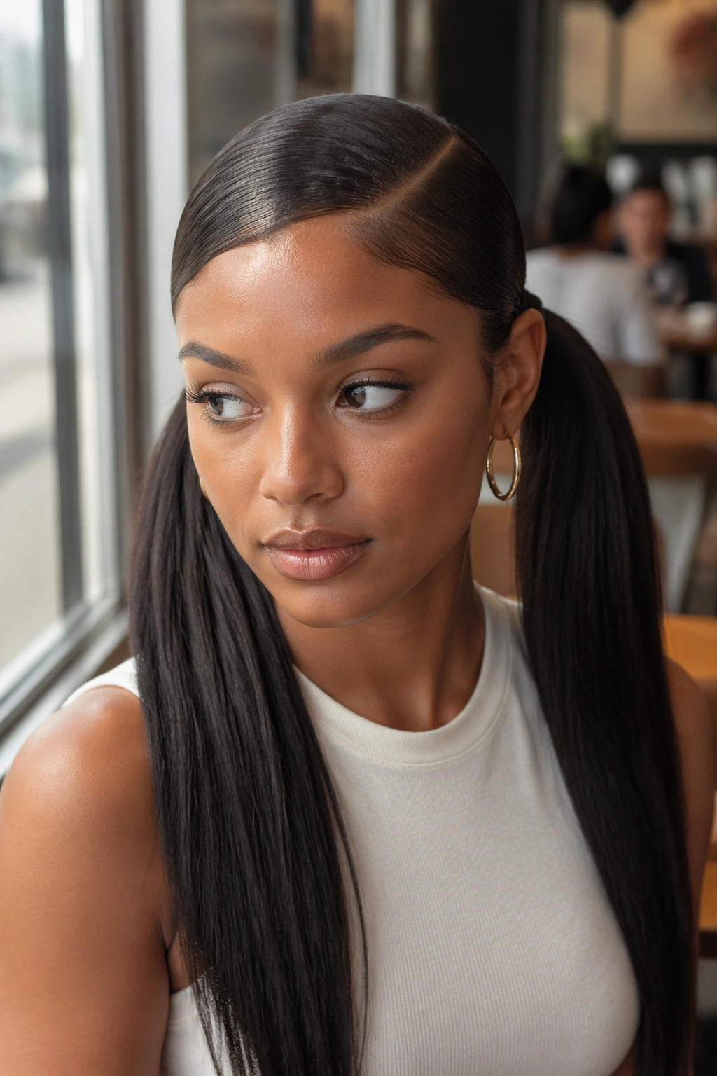 Close-up of a real woman with a deep side-part and sleek double ponytails