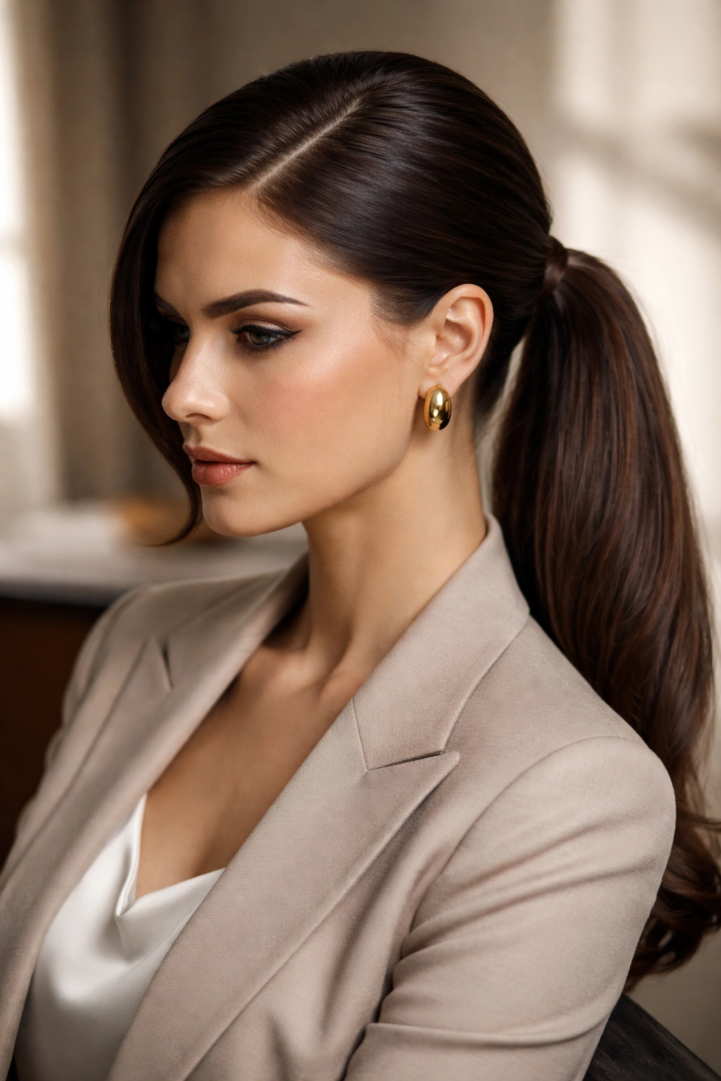 Side profile of a sleek ponytail with a crisp deep side part