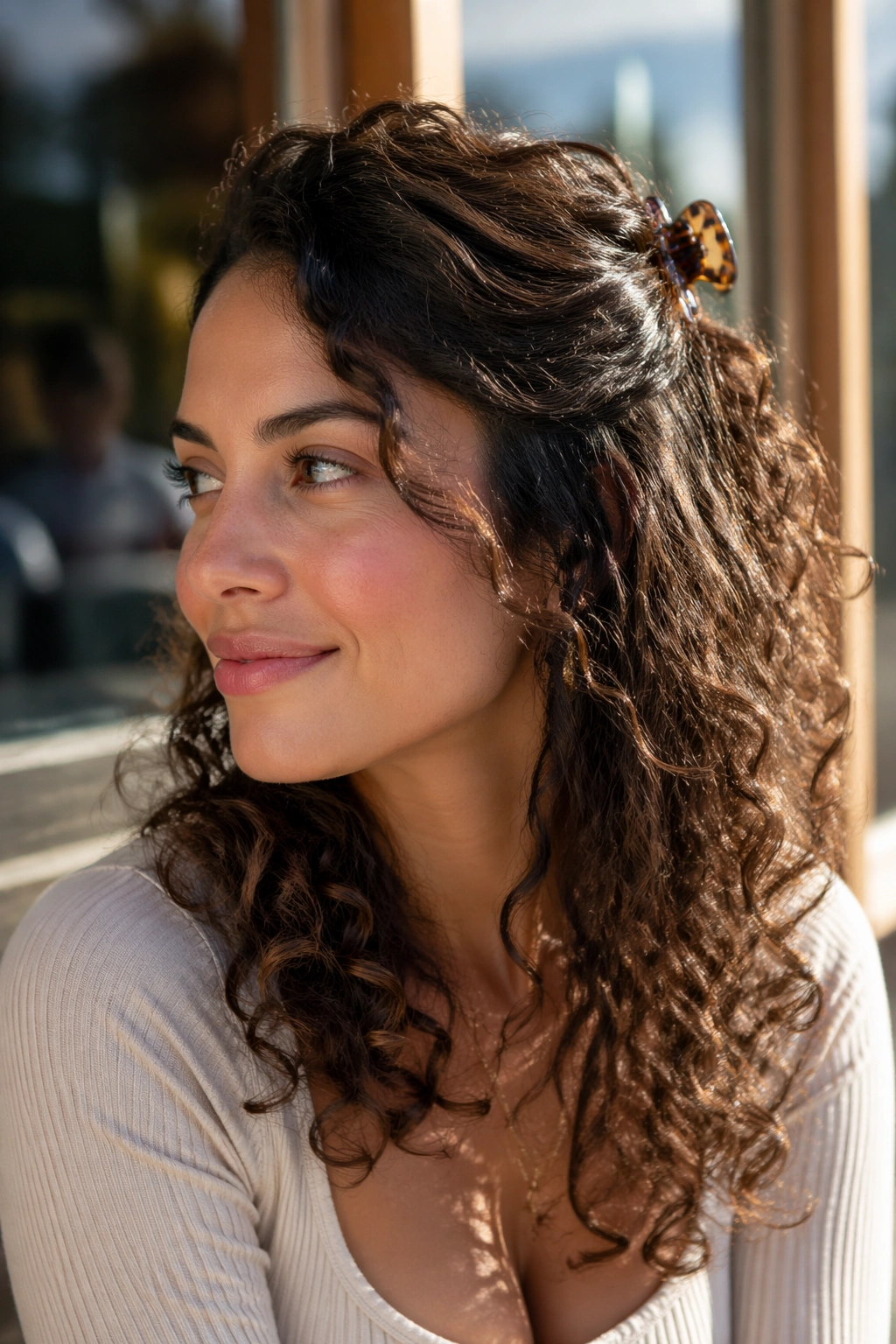 Close-up portrait of a real woman with a side-part sweep hairstyle