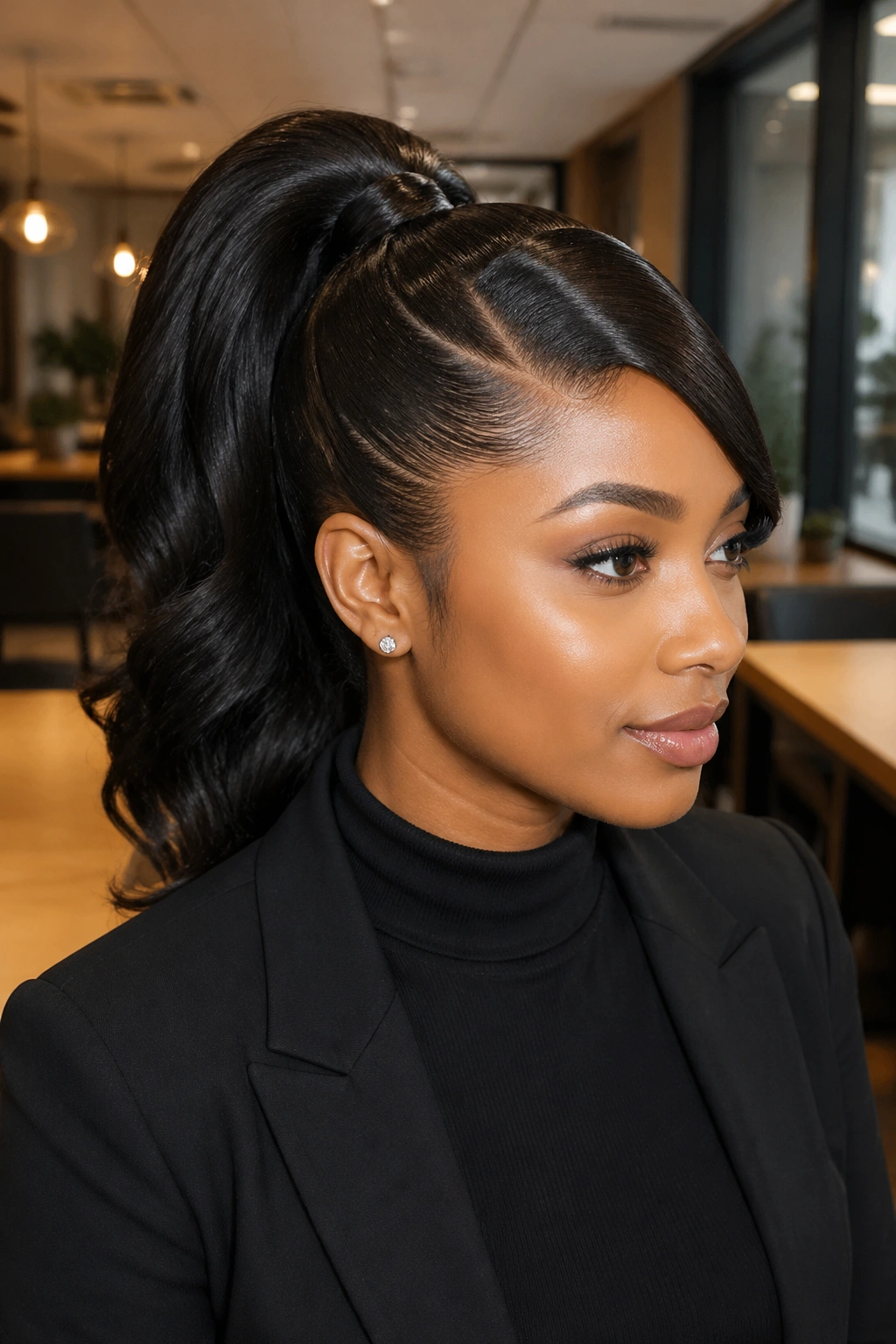 Close-up portrait of a real woman with a side-part swoop ponytail.