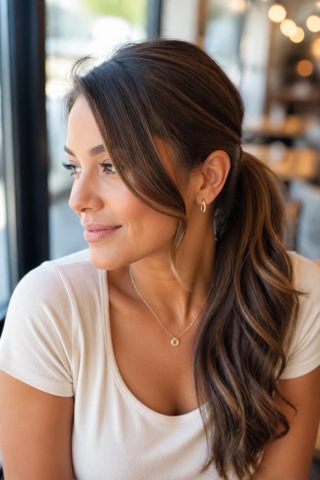 Close-up of a real woman with side-part double swoop ponytail in a cafe setting.