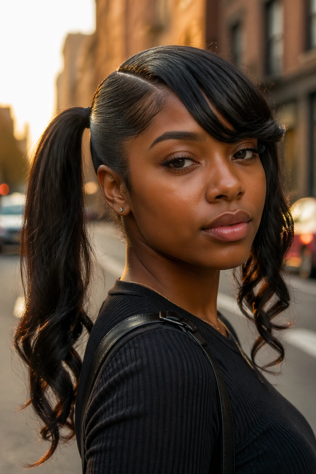 Close-up portrait of a woman with side-parted twin ponytails and swoop bangs