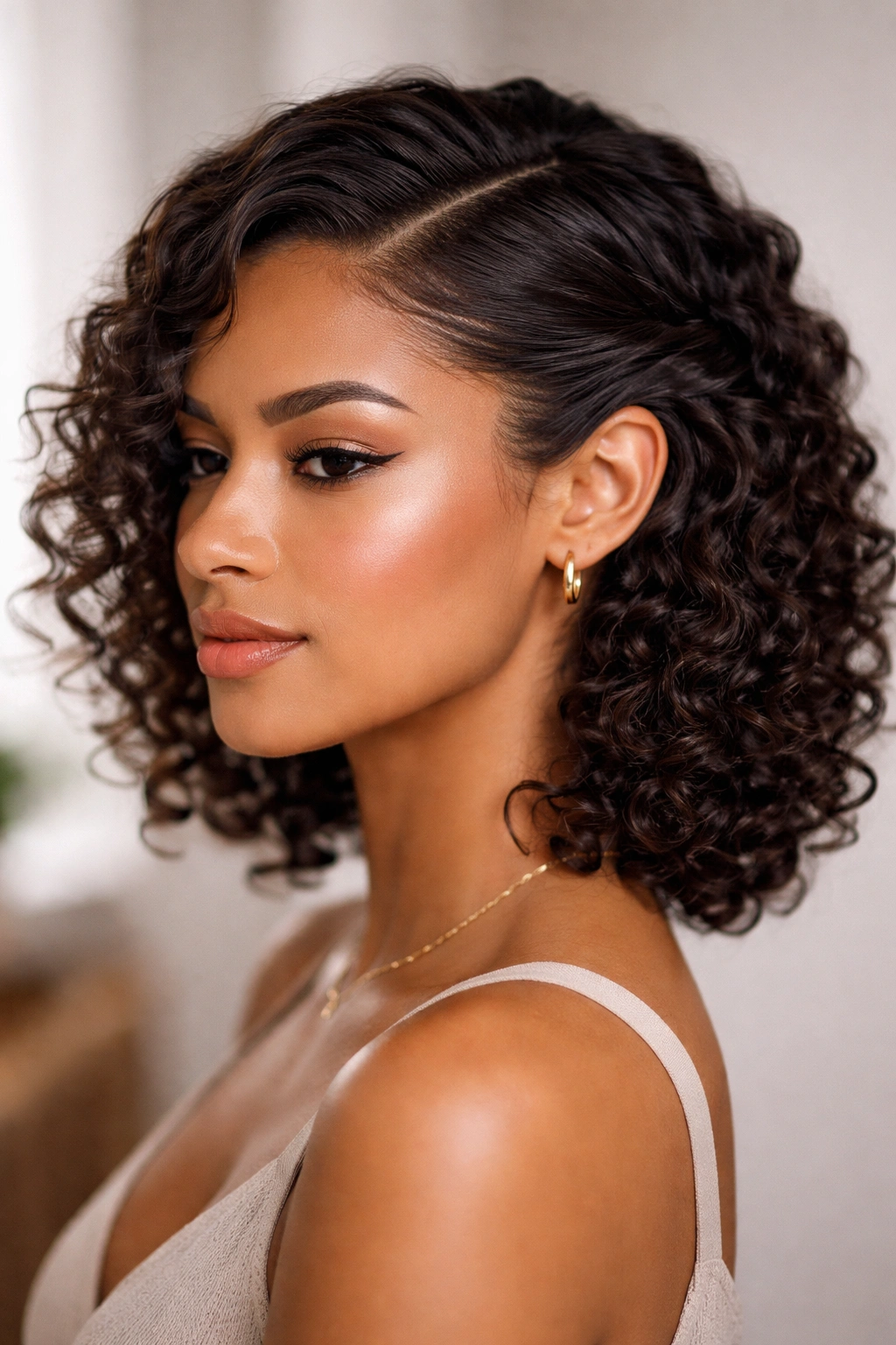 Deep side part with twisted back half-up hairstyle